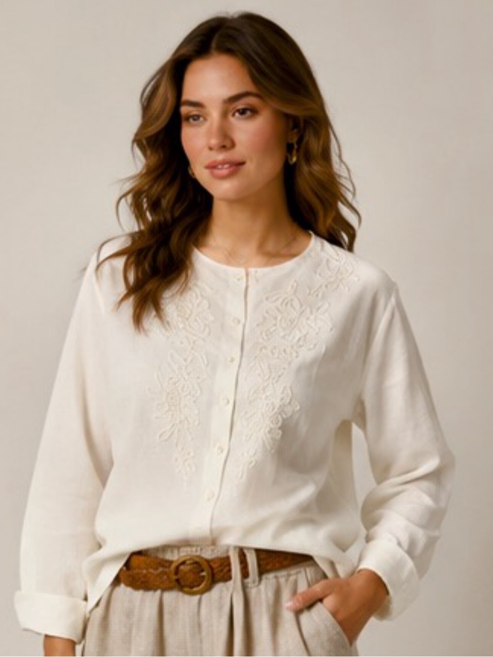 Cream Embroidered Button-Front Blouse